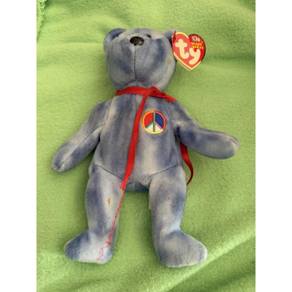 TY 10 Years Beanie Baby - PEACE SYMBOL the Bear (Blue - Colored Peace Sign) 2003